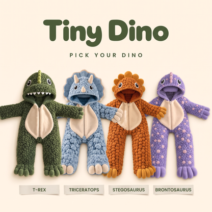 Tiny Dino baby dinosaur onesies in T-rex, triceratops, stegosaurus and brontosaurus