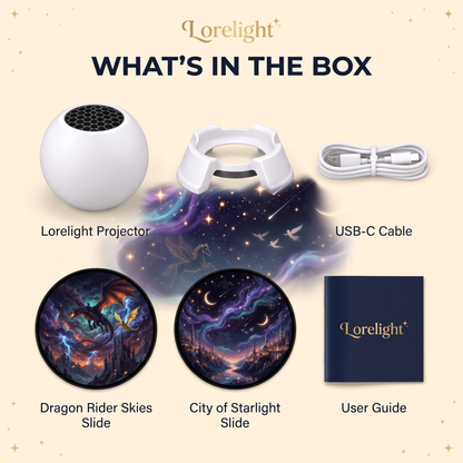 What's in the box: Lorelight projector, 360° stand, USB-C cable, two slides and user guide