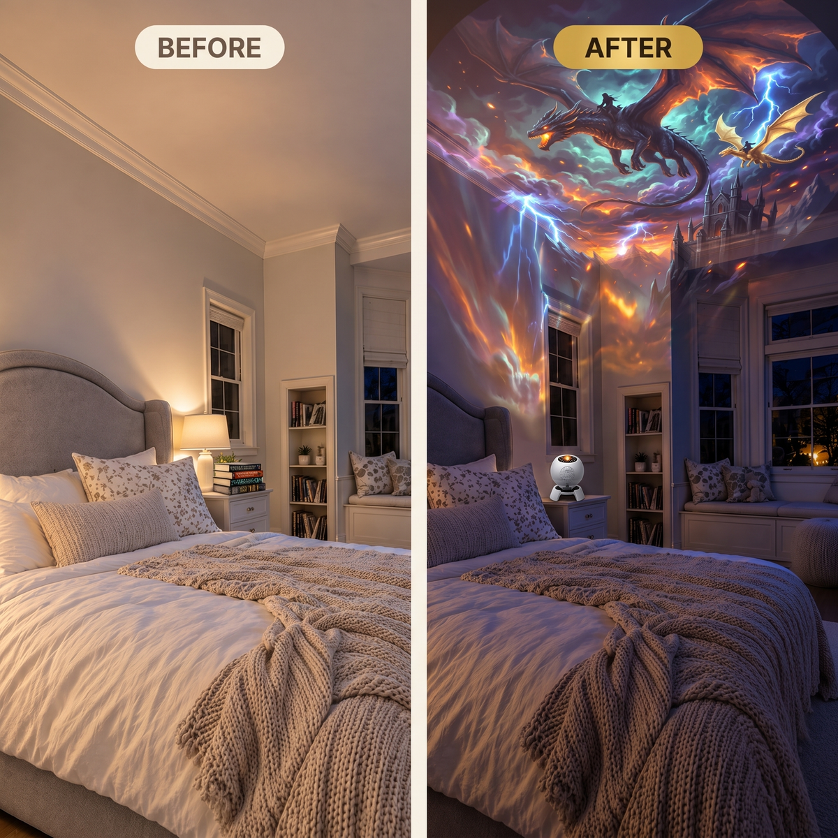 Bedroom before and after turning on the Lorelight dragon projector