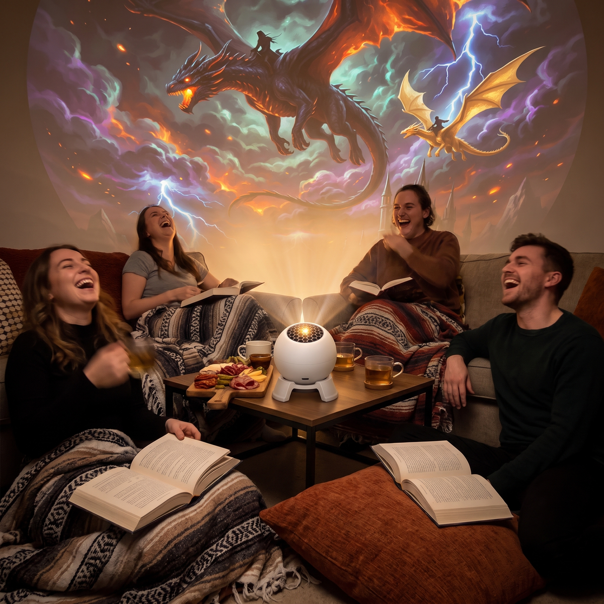 Book club night under a dragon sky from the Lorelight projector