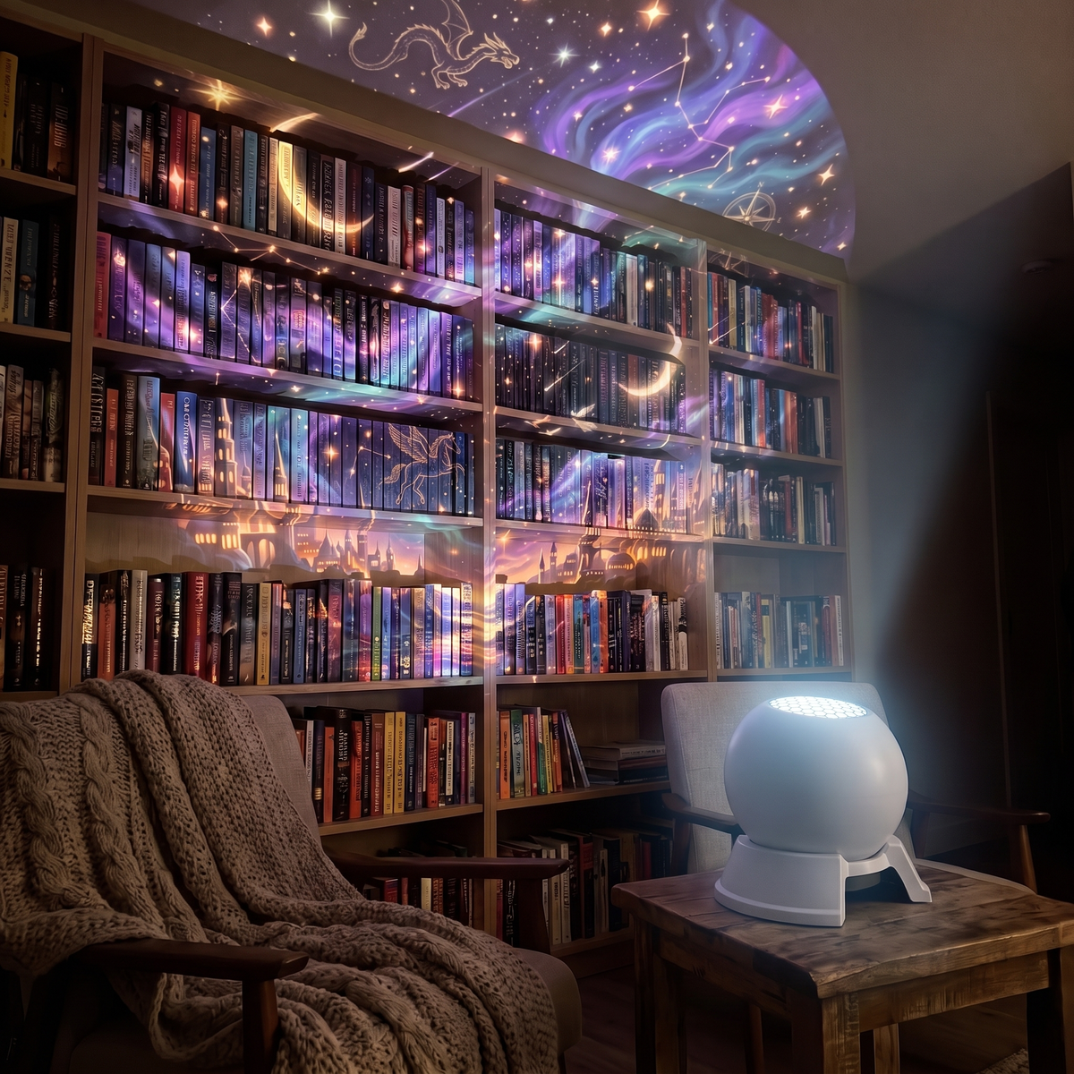 Starlight slide projected over a bookshelf wall