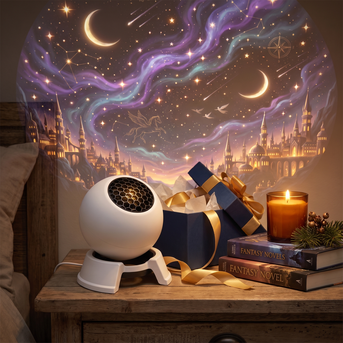 Lorelight gifted on a nightstand with books and a candle