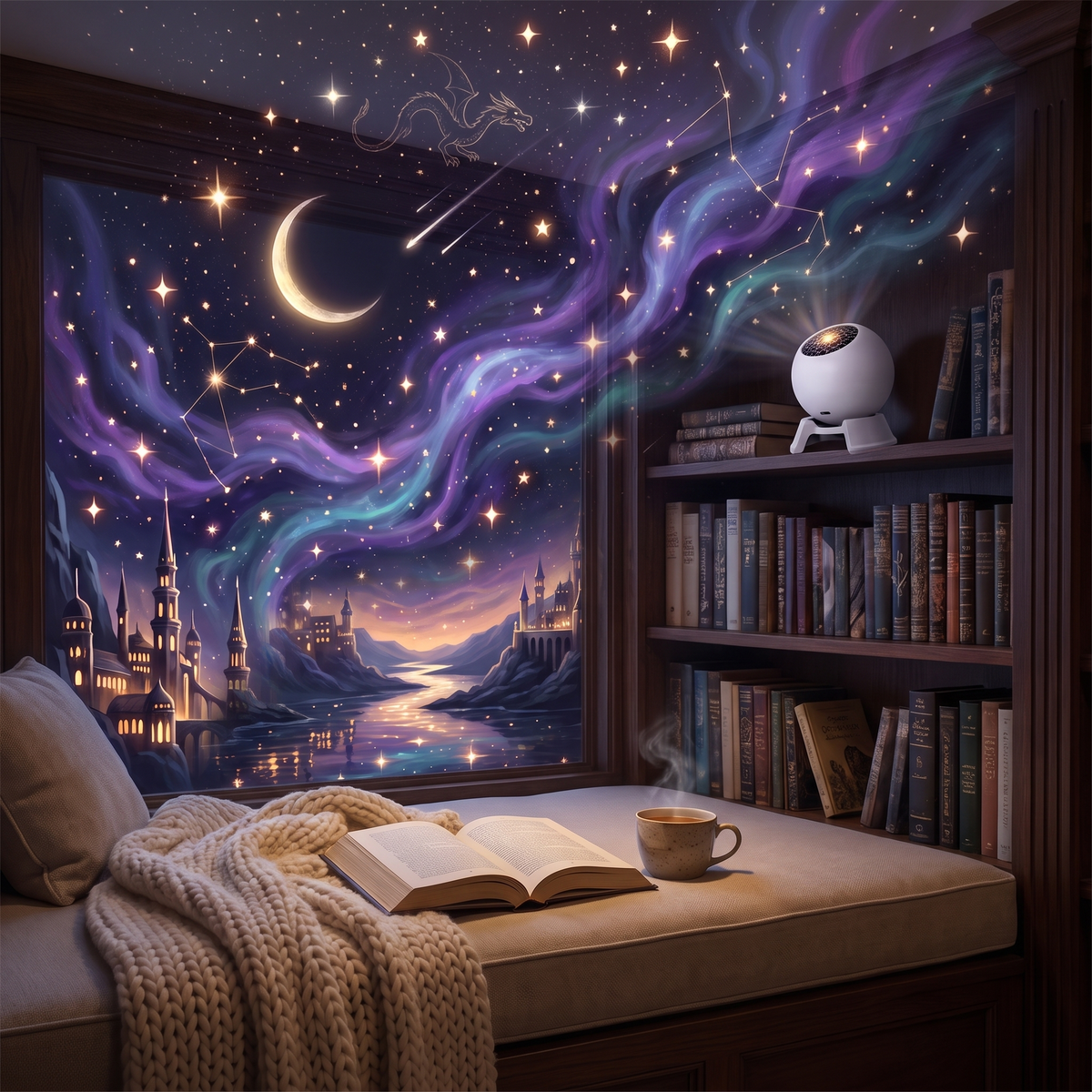Cozy reading nook under the City of Starlight projection