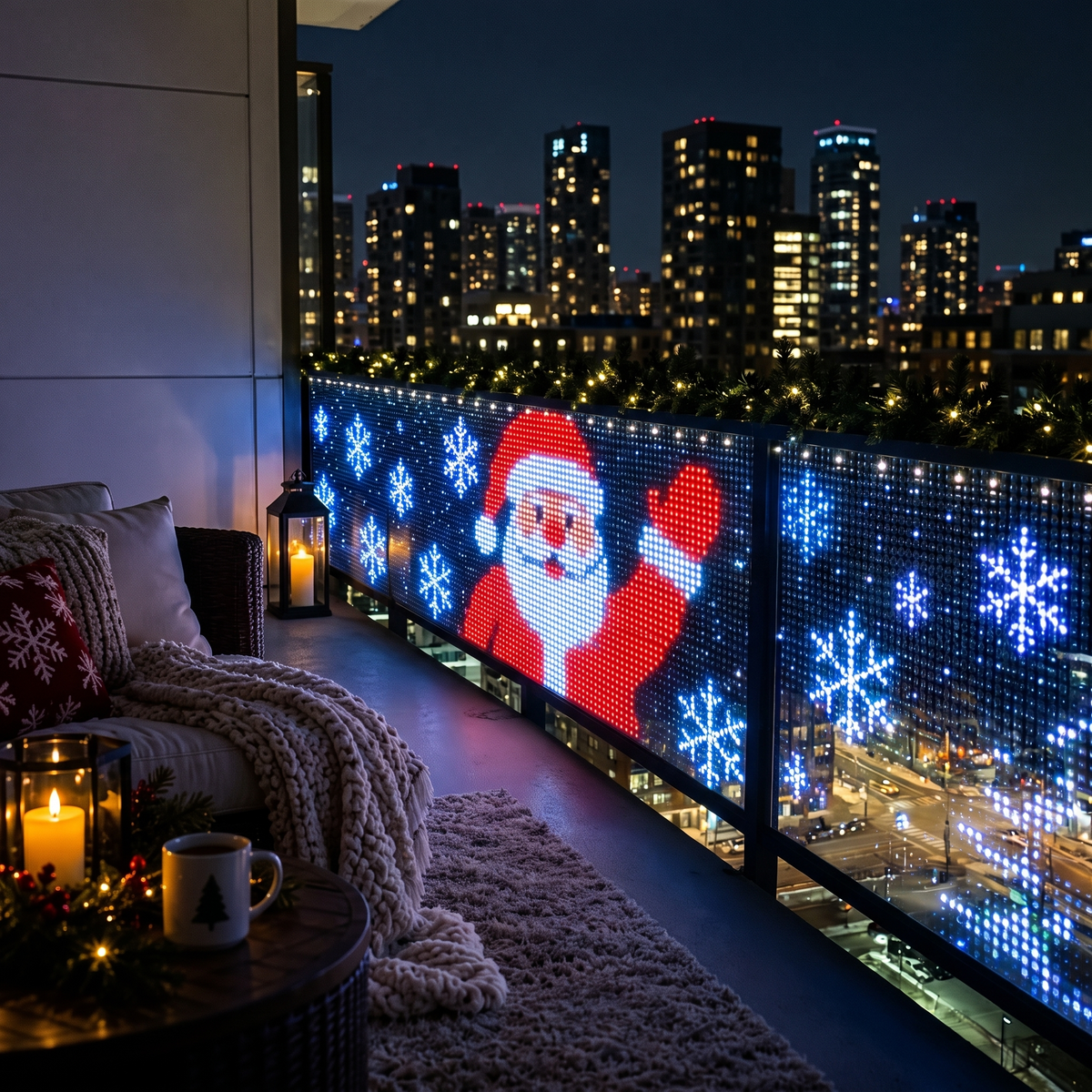 Santa design lit up on a high-rise balcony railing at night