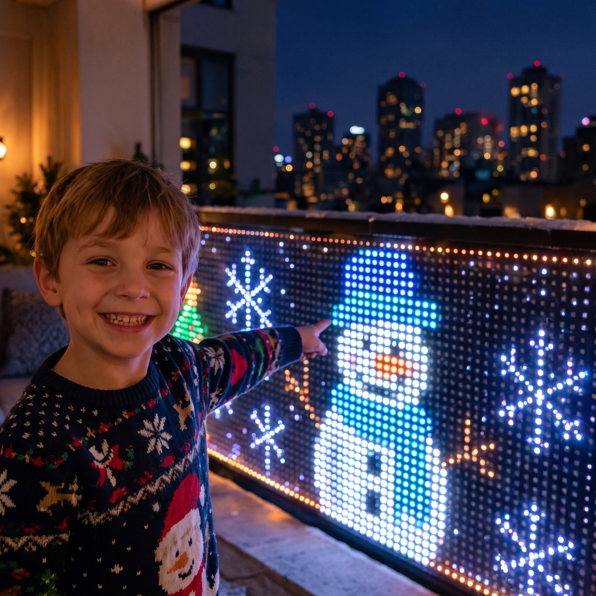 Boy pointing at a snowman design on a PixelPine balcony display