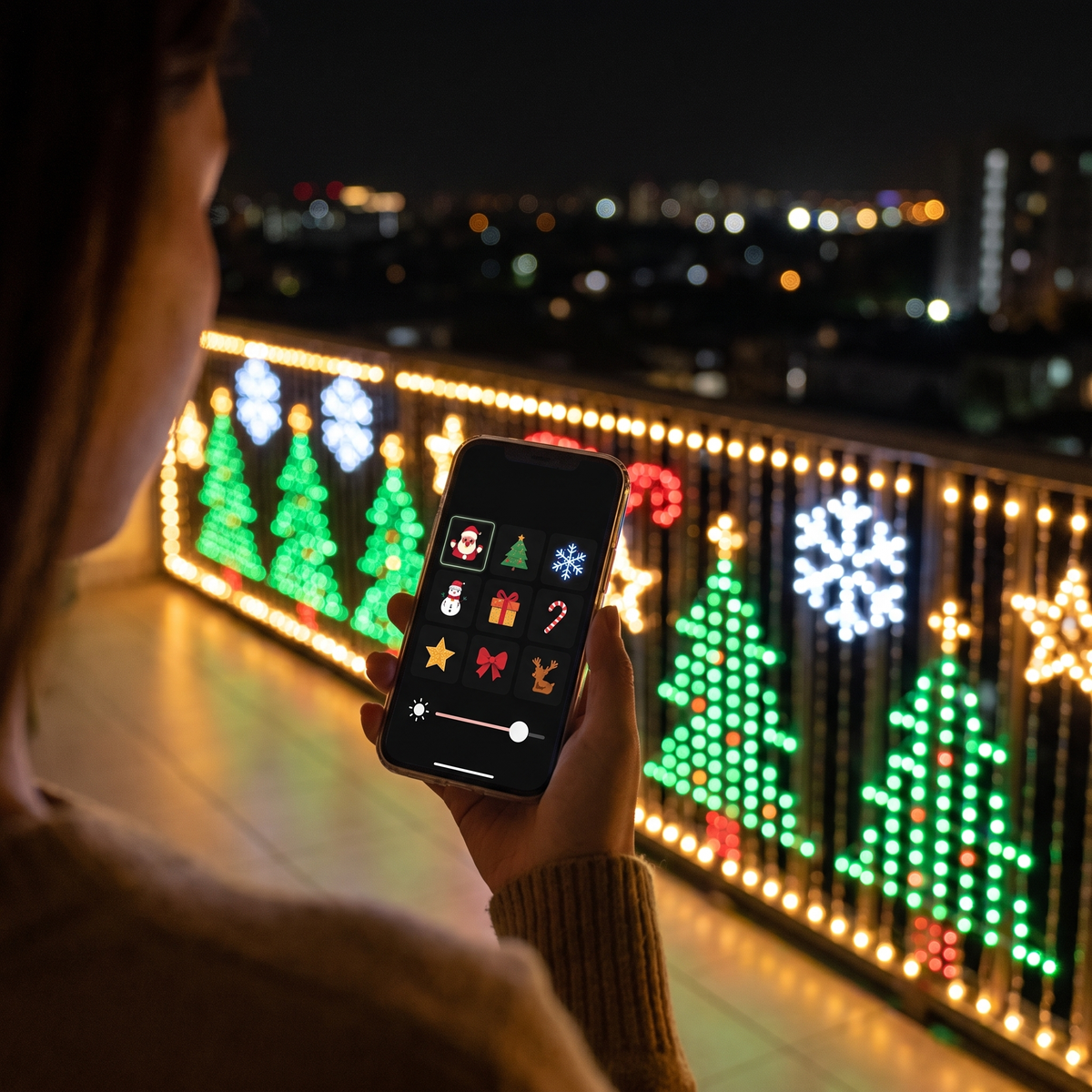 Choosing a design in the PixelPine app on a balcony at night