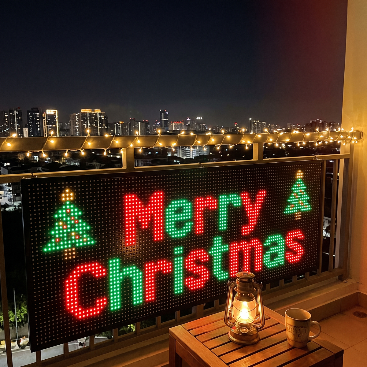 A Merry Christmas message displayed on PixelPine balcony lights