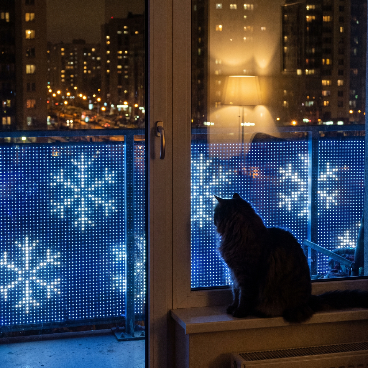 Cat watching snowflake designs on a PixelPine balcony display