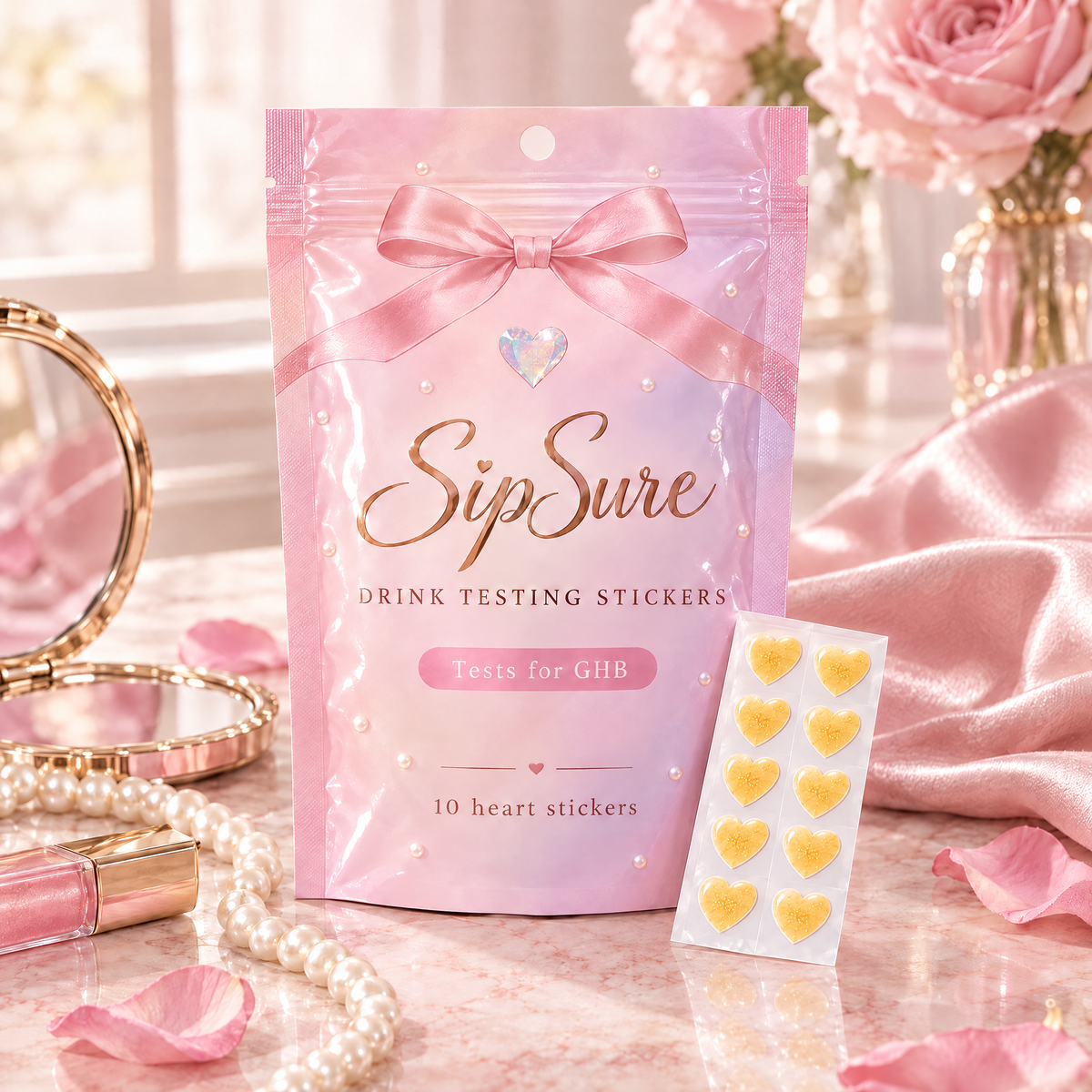 SipSure drink testing nail stickers pouch with 10 yellow heart stickers