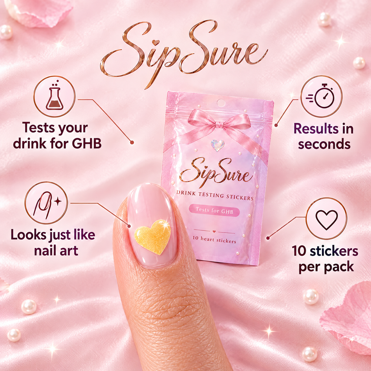 SipSure features: tests your drink for GHB, results in seconds, looks like nail art, 10 stickers per pack