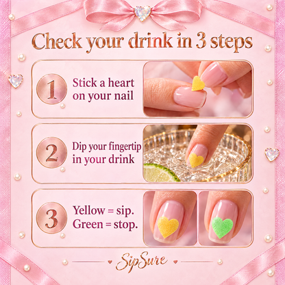 How SipSure works: stick a heart on your nail, dip your fingertip in your drink, yellow means sip and green means stop
