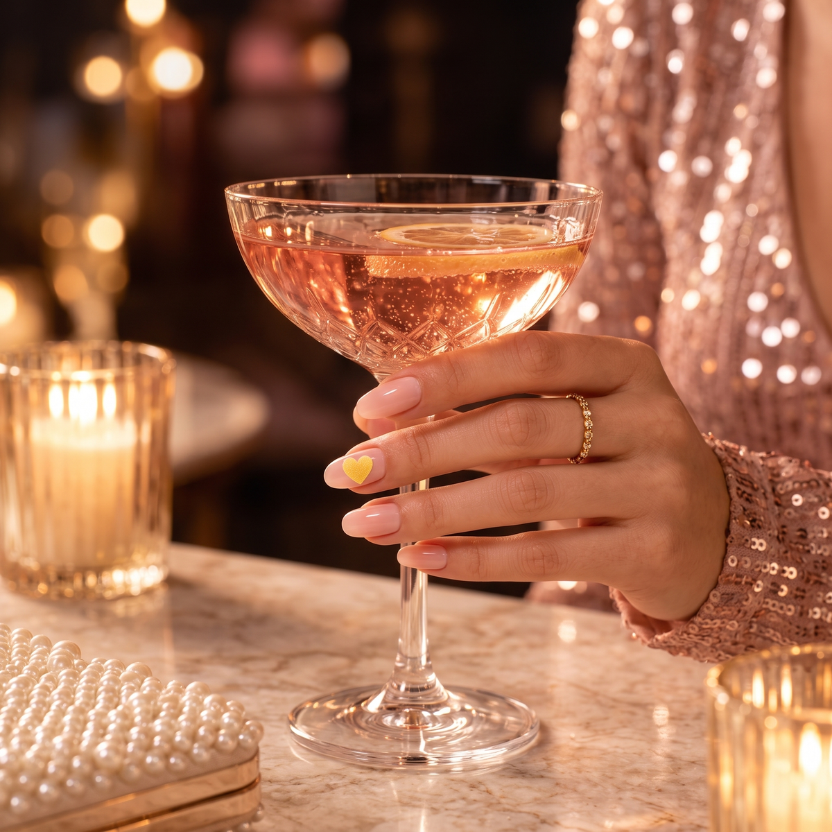 Pink manicure with a yellow SipSure heart sticker holding a cocktail at a bar
