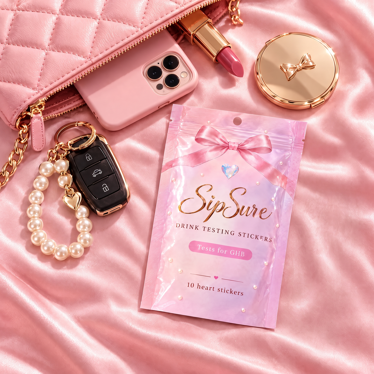SipSure pouch next to a clutch, phone, lipstick and keys