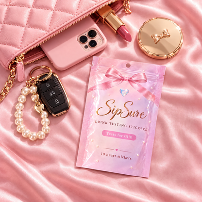 SipSure pouch next to a clutch, phone, lipstick and keys