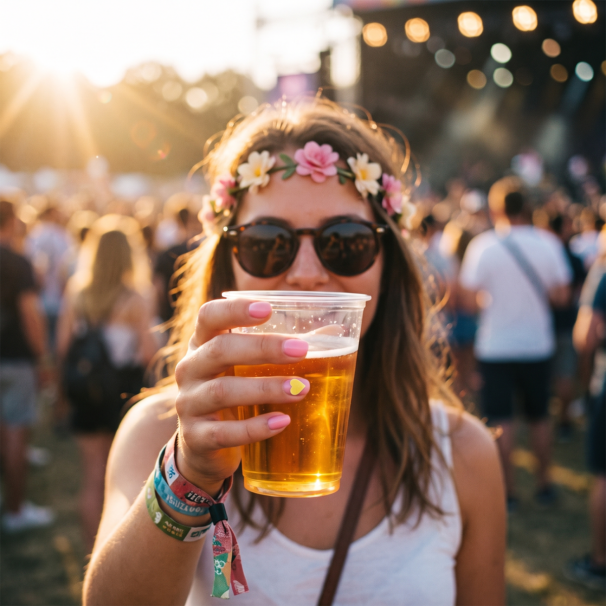 SipSure heart sticker on a nail at a music festival