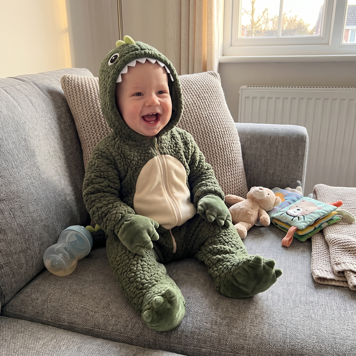 Baby in the Tiny Dino onesie on a sofa at home